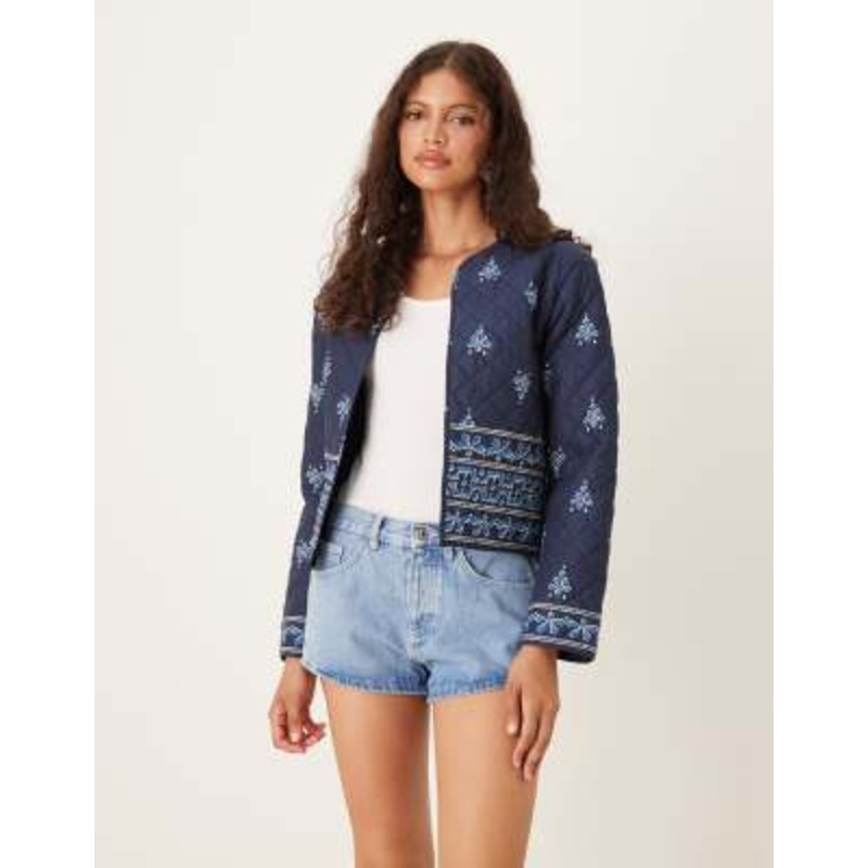 JDY quilted lightweight jacket in navy blue print