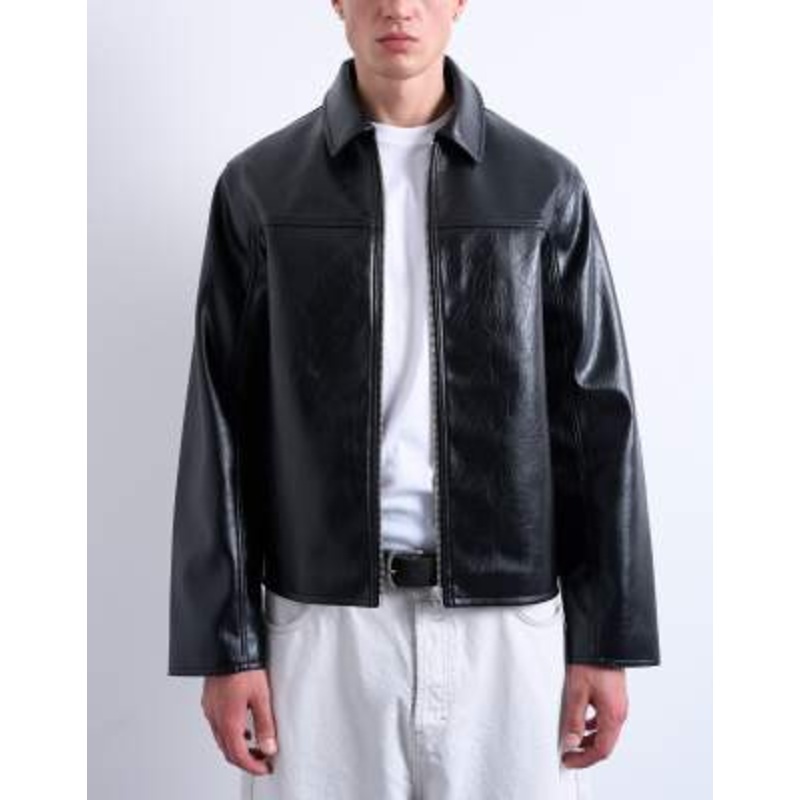 Topman faux leather harrington jacket in black