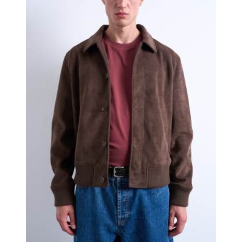 Topman faux suede harrington jacket in brown