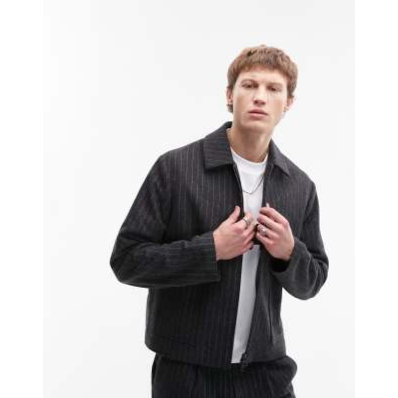 Topman premium pinstripe wool blend harrington jacket in charcoal