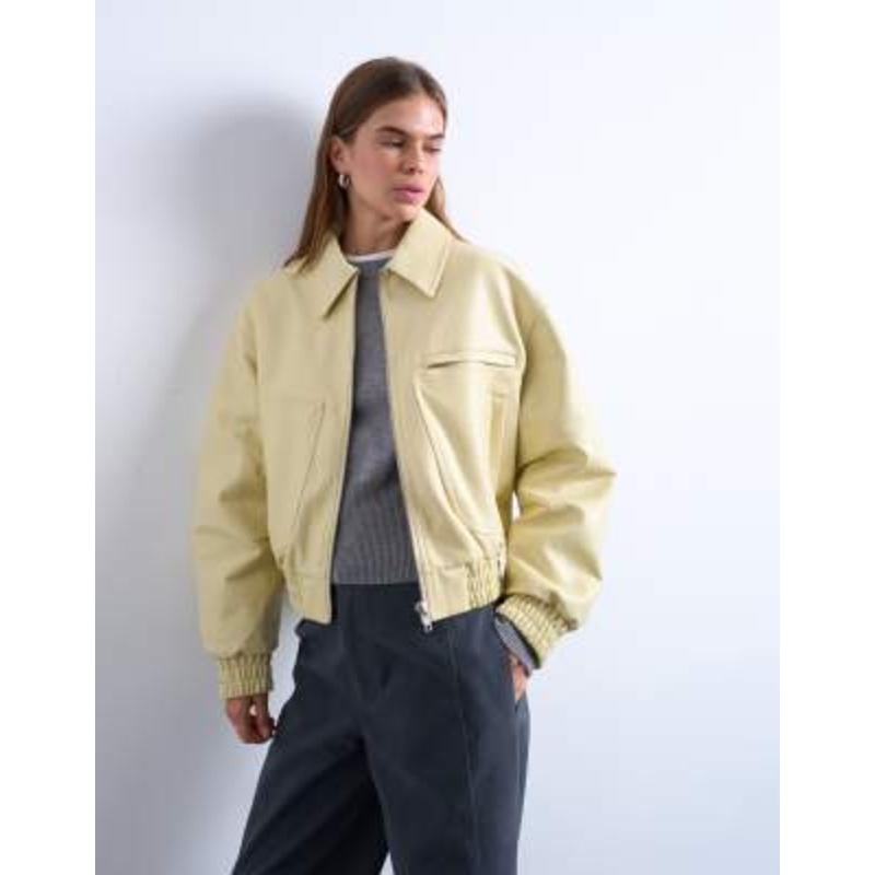 Topshop faux bubble leather cropped bomber jacket in buttermilk