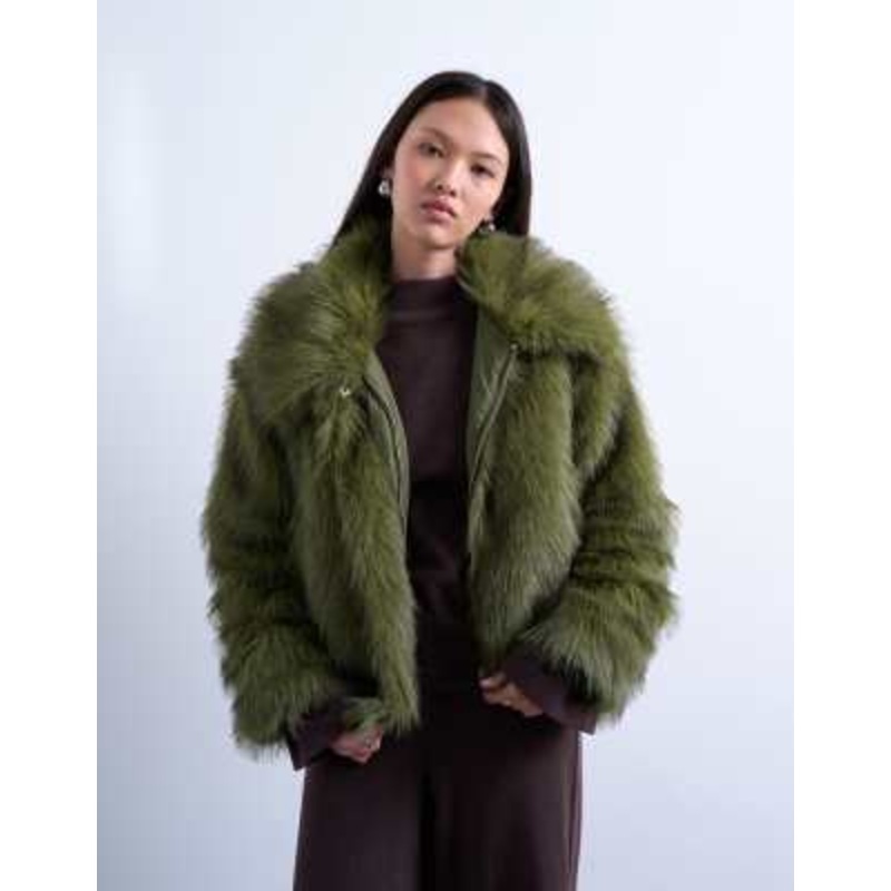 Topshop faux fur zip up bomber jacket in olive