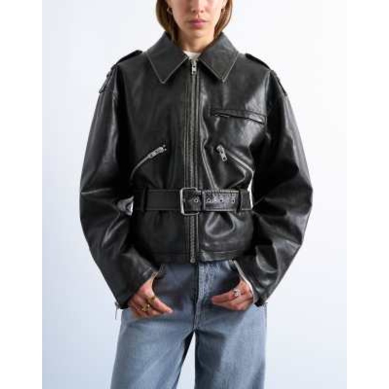 Topshop faux leather low belted biker jacket in washed black