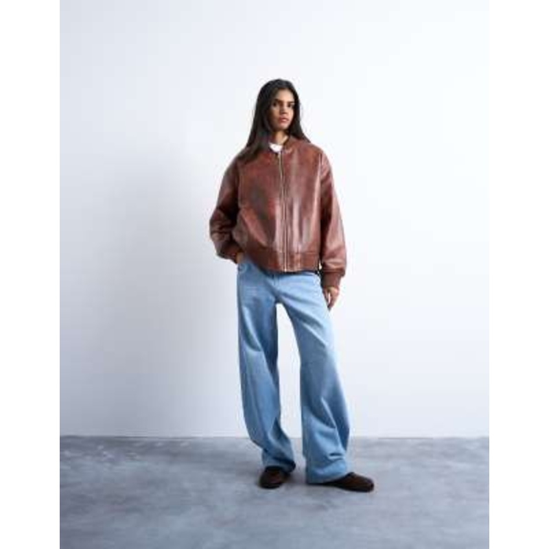 Topshop faux leather vintage wash oversized collarless bomber jacket in tan