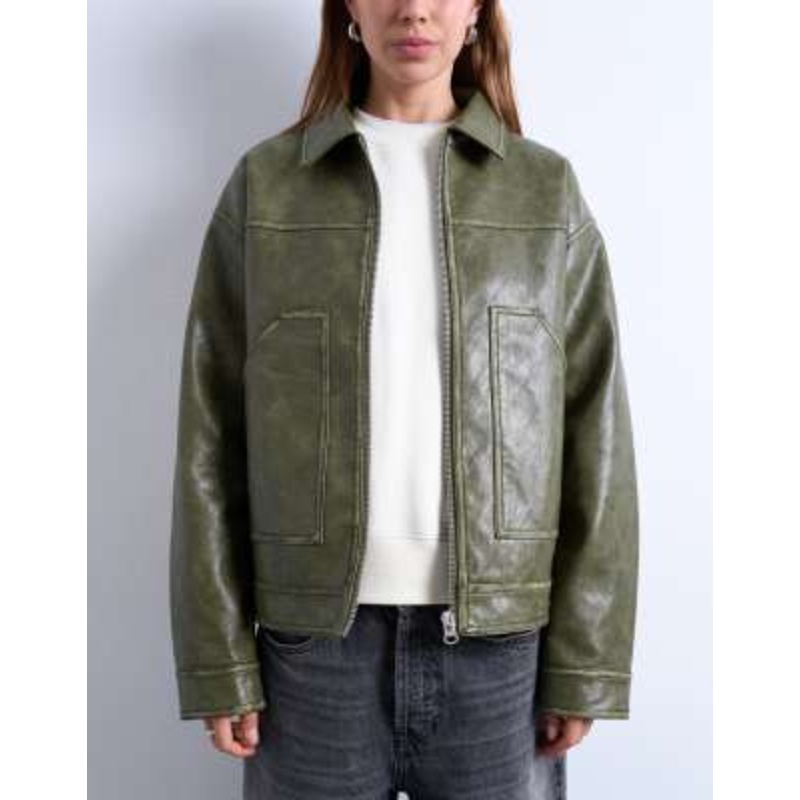 Topshop faux leather zip up jacket with patch pockets in washed green