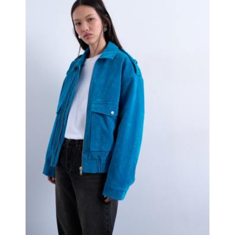 Topshop faux suede quilted lined bomber jacket with snap details in bright blue