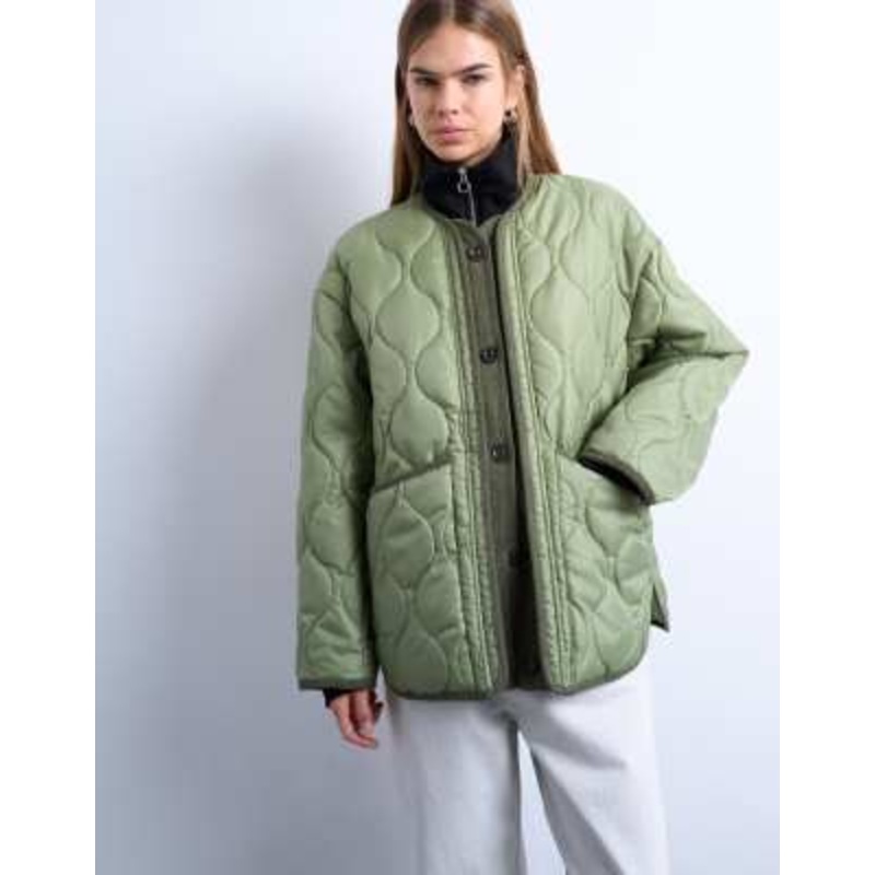 Topshop oversized placket two tone liner jacket in dark khaki green