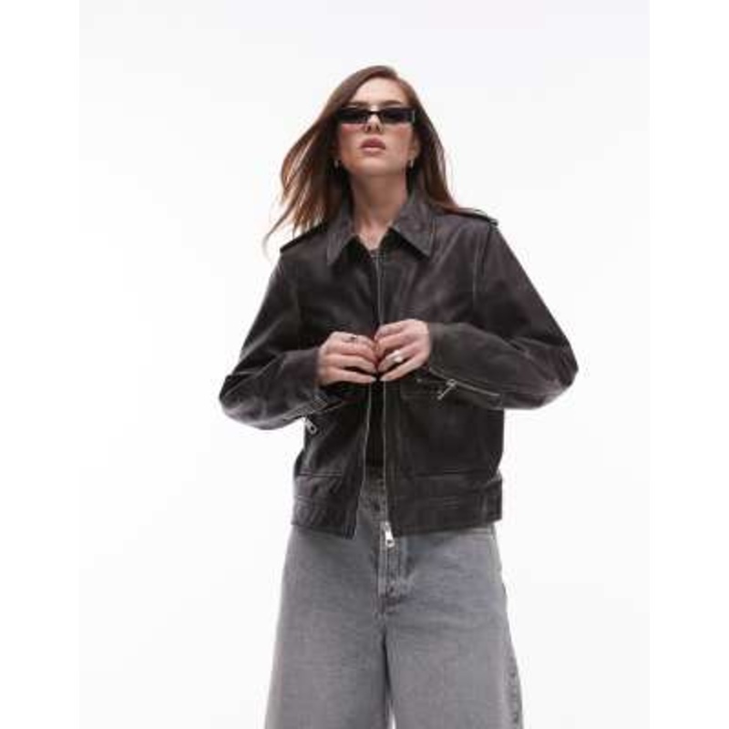 Topshop premium real leather zip up jacket in black