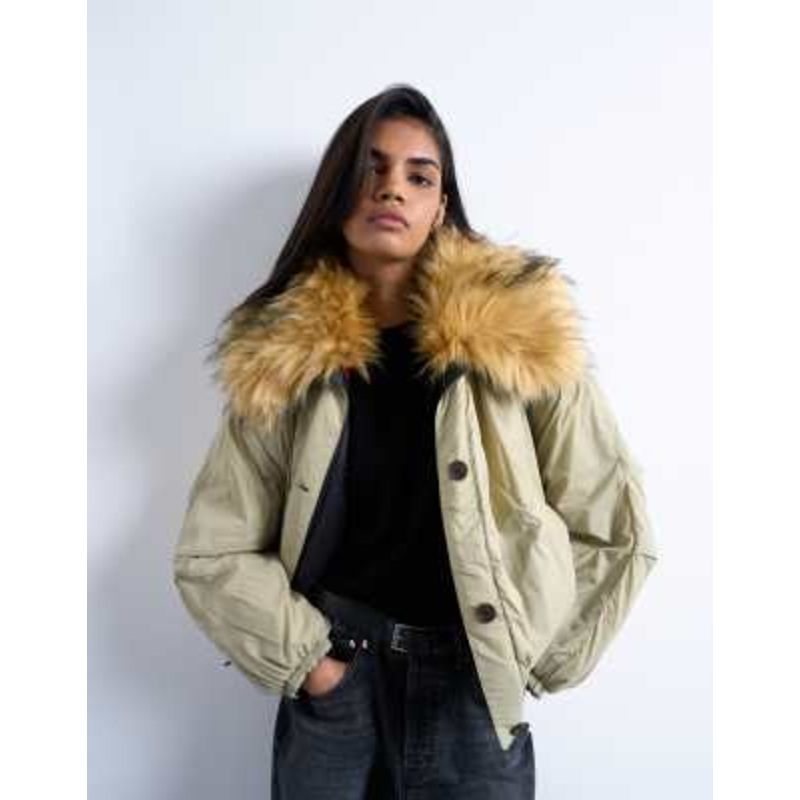 Topshop reversible faux fur collar hybrid bomber jacket in green