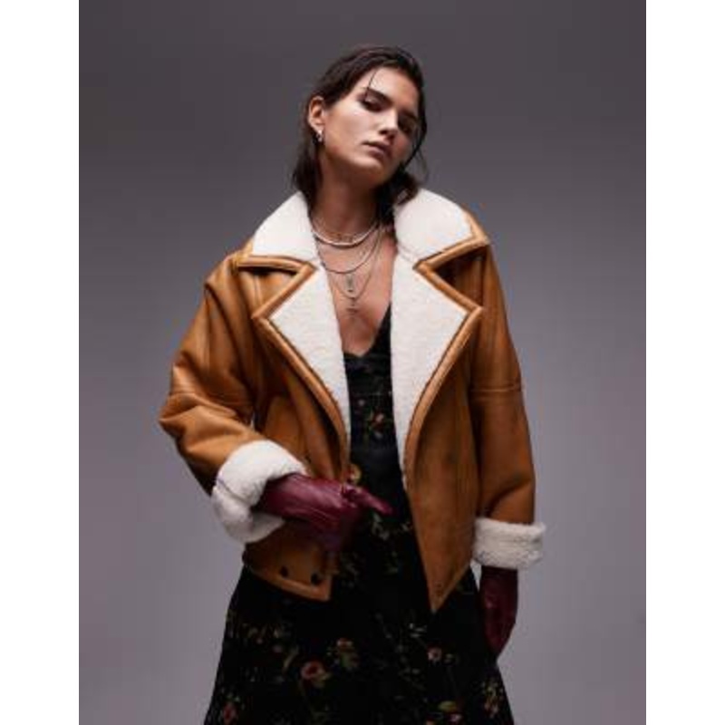 Topshop shearling jacket in tan