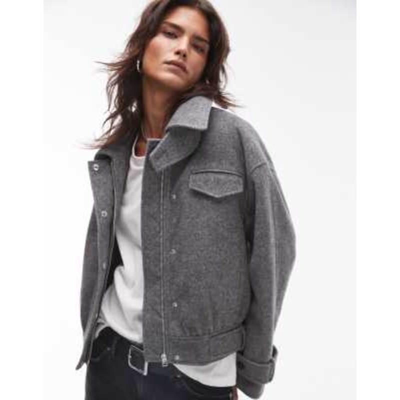 Topshop wool bomber jacket with tab detail in gray