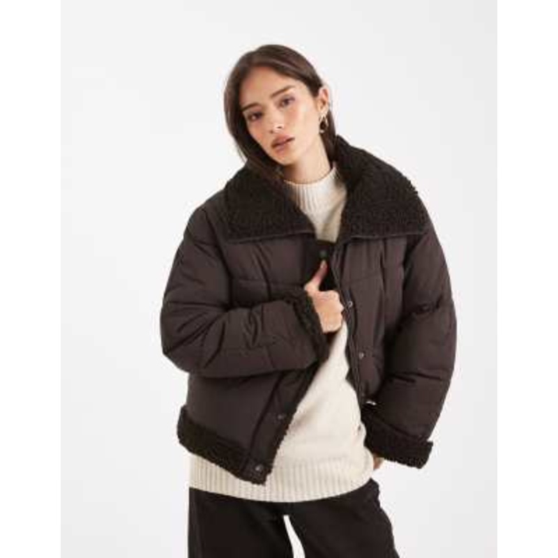 Vero Moda short puffer jacket with teddy trim in chocolate