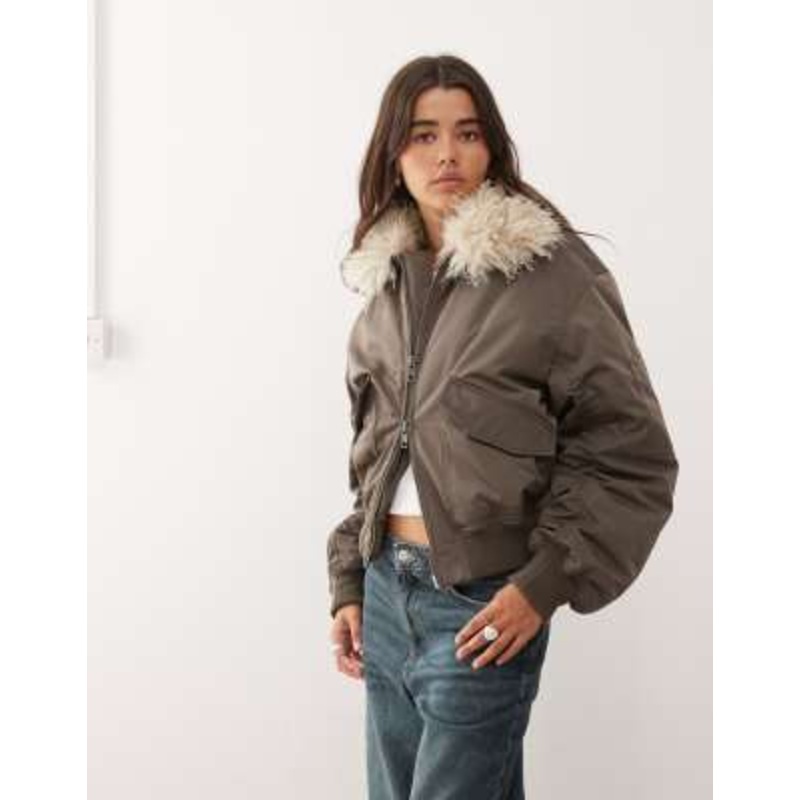 Weekday bomber jacket with faux fur collar in mole – exclusive to