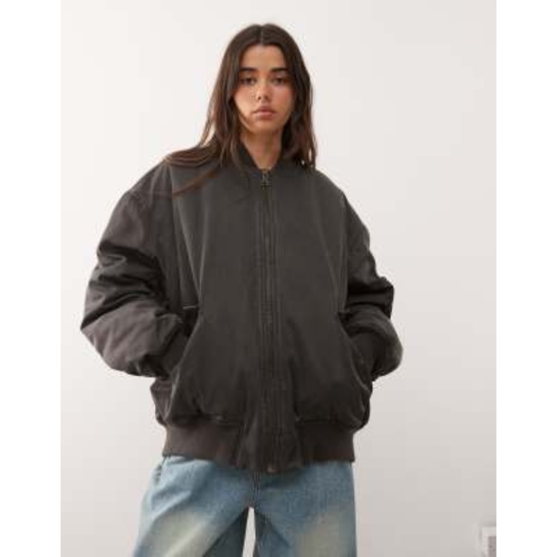 Weekday oversized padded bomber jacket in washed dark gray
