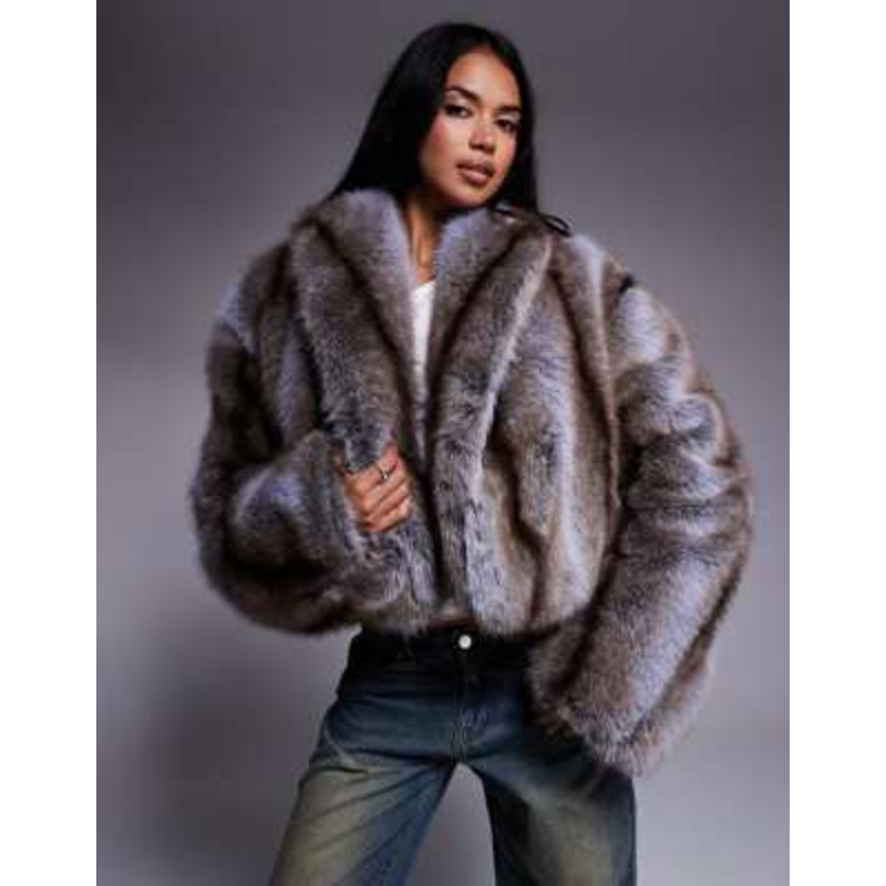 AFRM cropped faux fur jacket in brown stripe