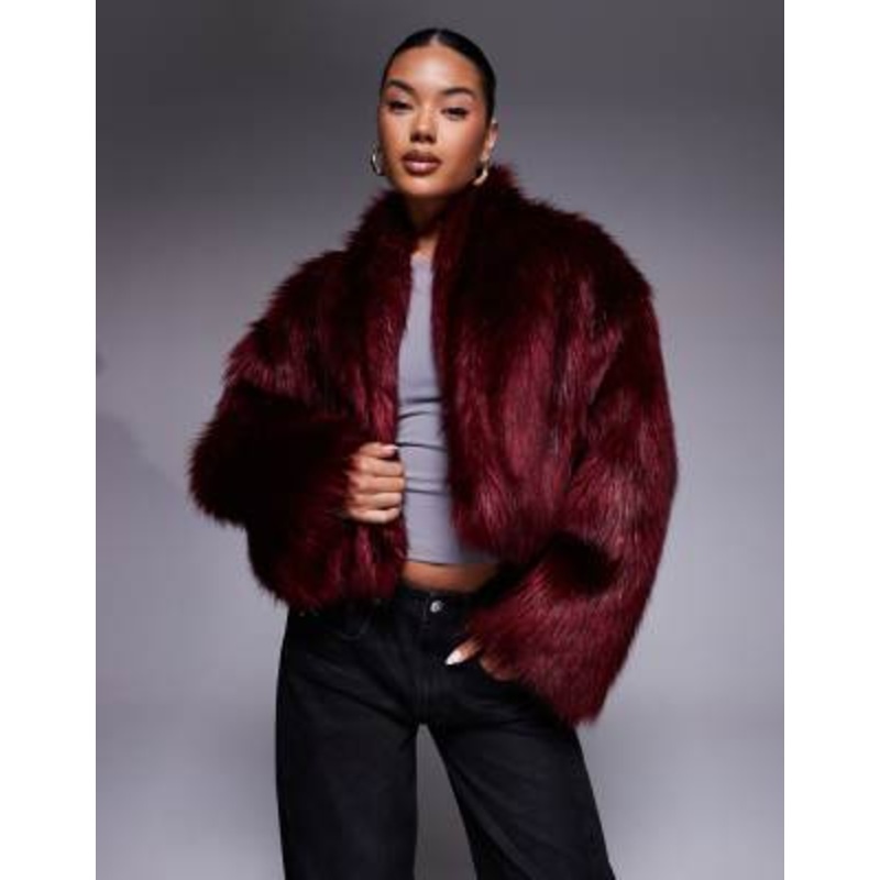 Aria Cove oversized cropped wide sleeve faux fur jacket in burgundy
