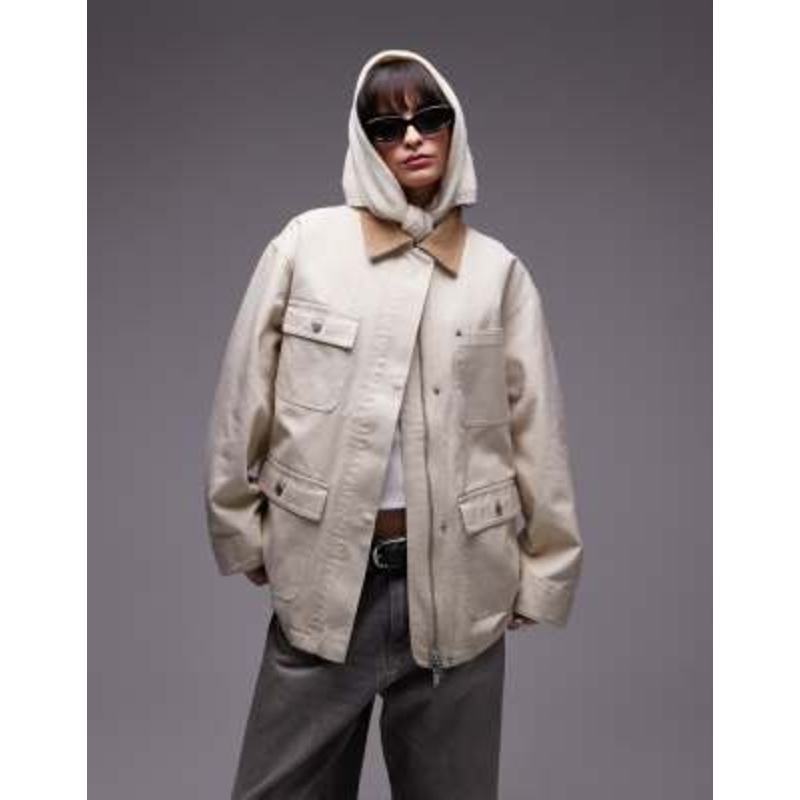 ARKET oversized workwear barn jacket in off-white with utility pockets and contrast collar