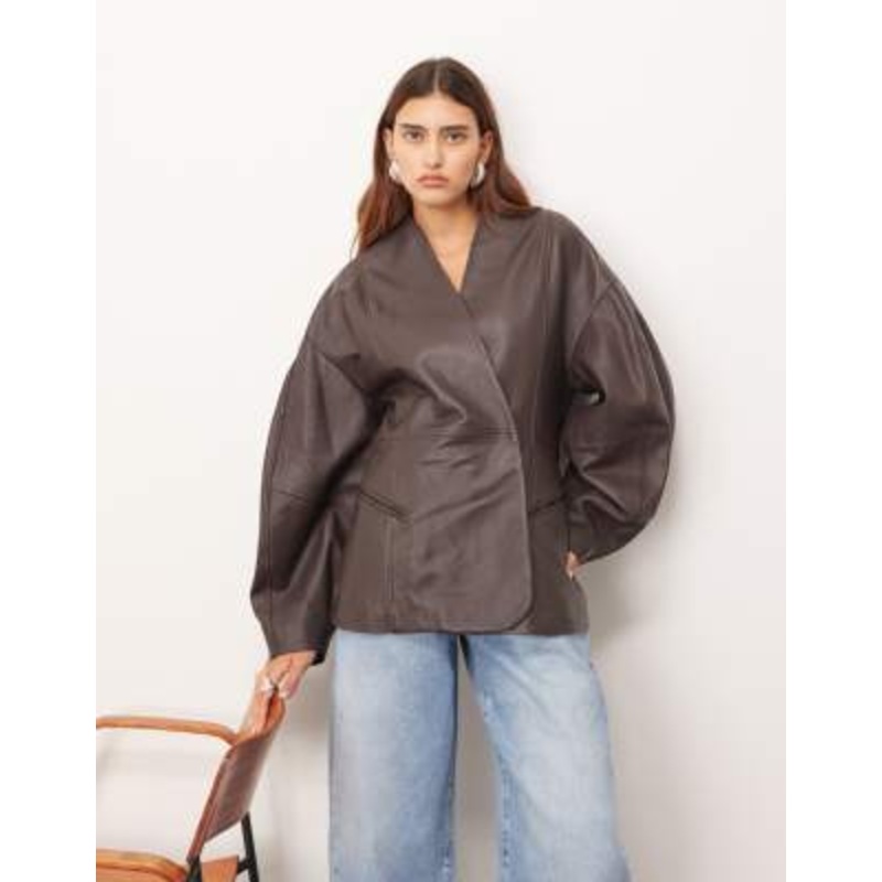 ARRANGE soft faux leather jacket with cinched waist and ovoid sleeves in chocolate