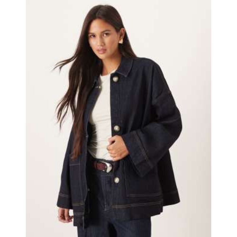 AWARE oversized boxy trucker style denim jacket in dark blue rinse