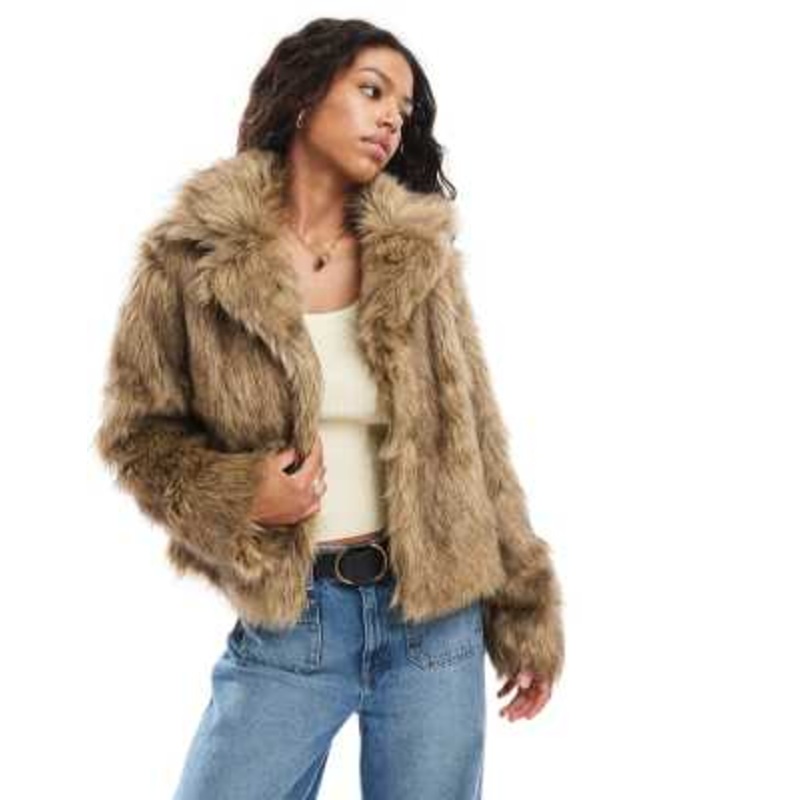 Brave Soul faux fur short jacket in light brown