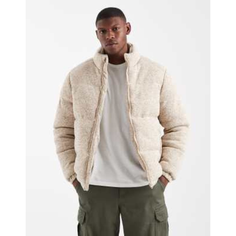 Brave Soul funnel neck zip up puffer jacket in stone