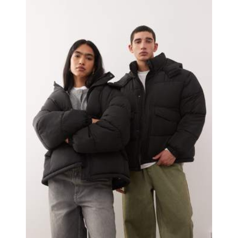 COLLUSION Unisex puffer jacket with hood in black