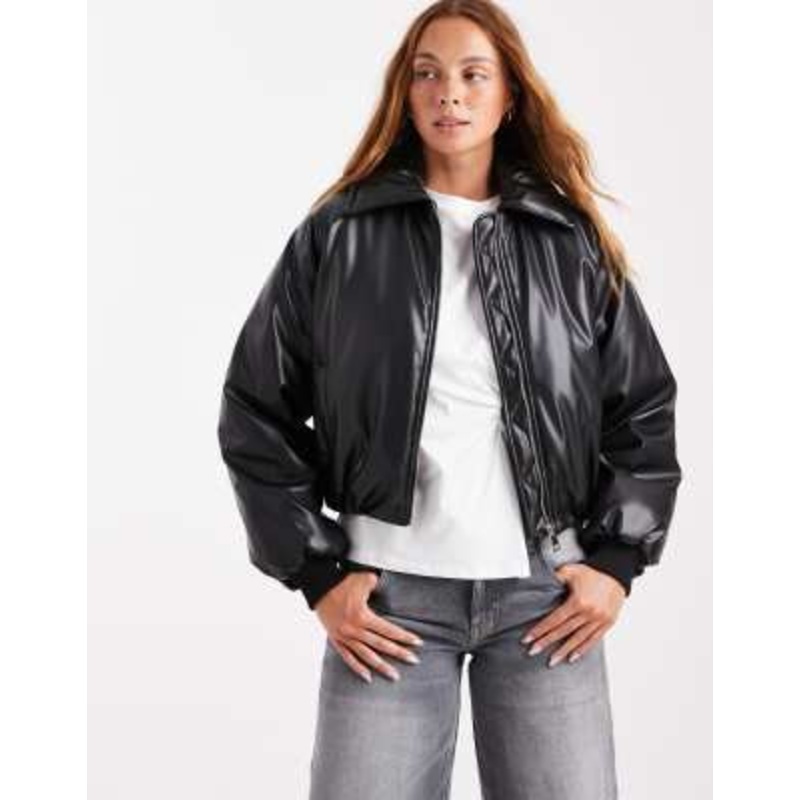 Cotton On faux leather puff jacket in black