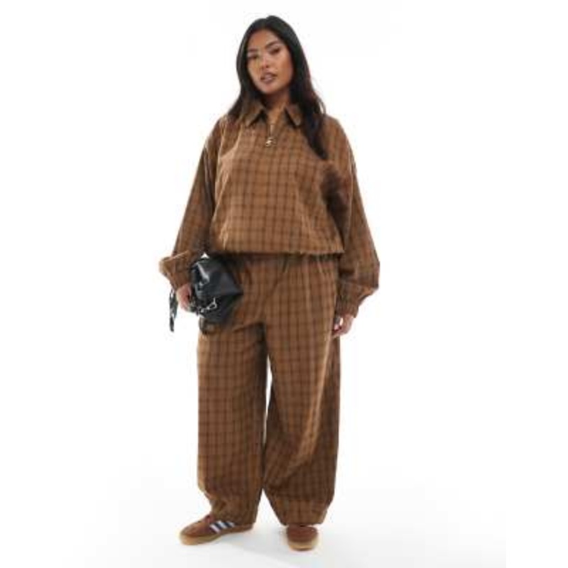 DESIGN Curve barrel leg pull-on pants and bubble hem jacket in mustard check