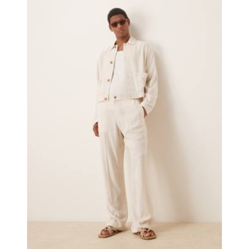 DESIGN dressy linen mix harrington jacket in stone pinstripes – part of a set