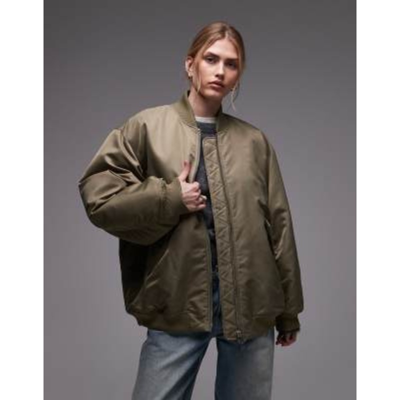 & Other Stories nylon rib sleeve oversized bomber jacket in khaki green