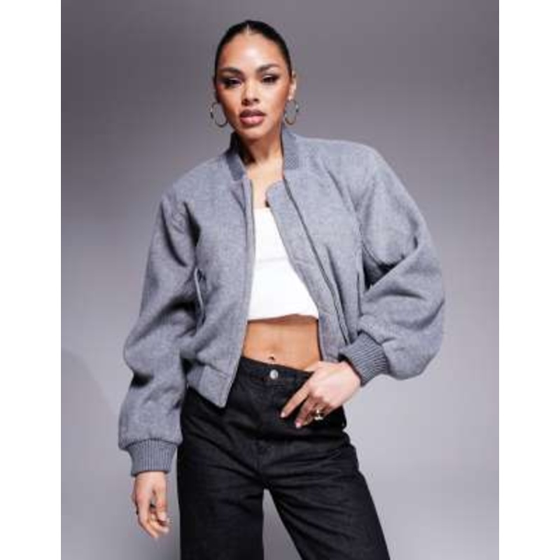 The Couture Club shoulder pad wool blend bomber jacket in gray heather
