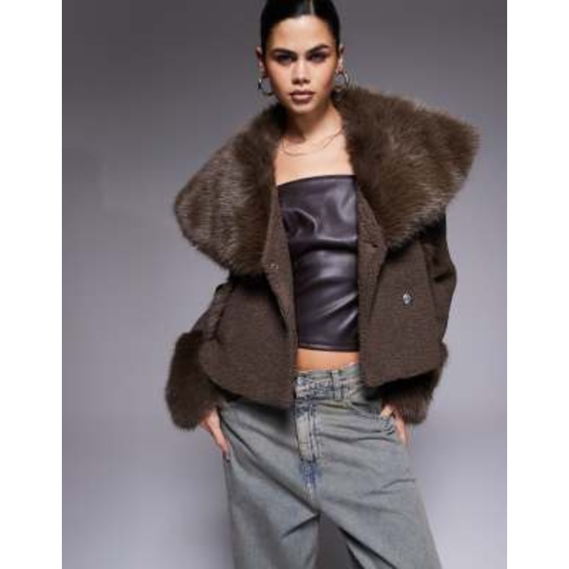The Frolic exclusive boucl faux fur oversized collar and cuff detailing jacket in chocolate