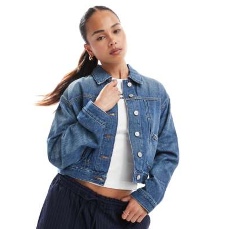 Tommy Jeans pleated trucker denim jacket with embroidered detail in mid blue