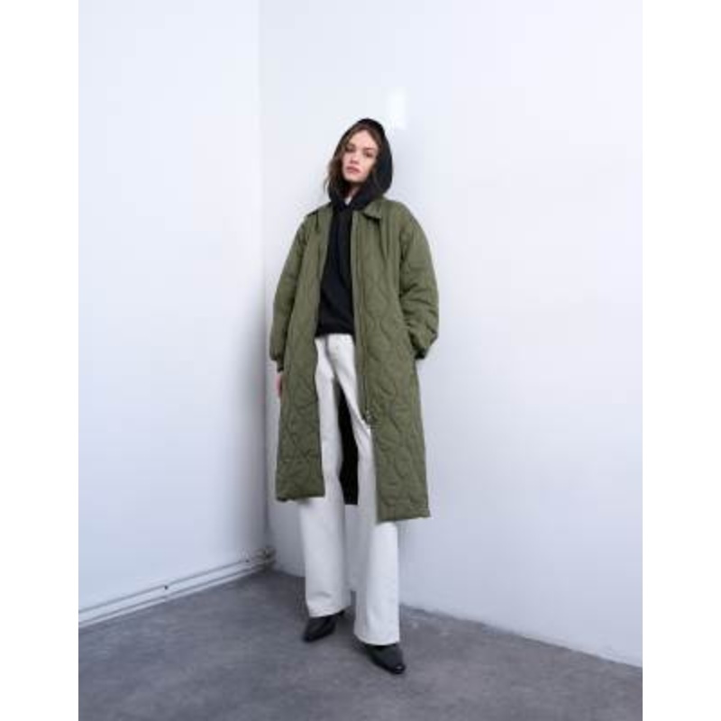 Topshop belted long liner jacket in green