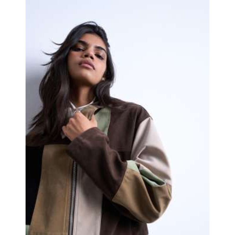 Topshop boxy faux suede patchwork zip up jacket in multi