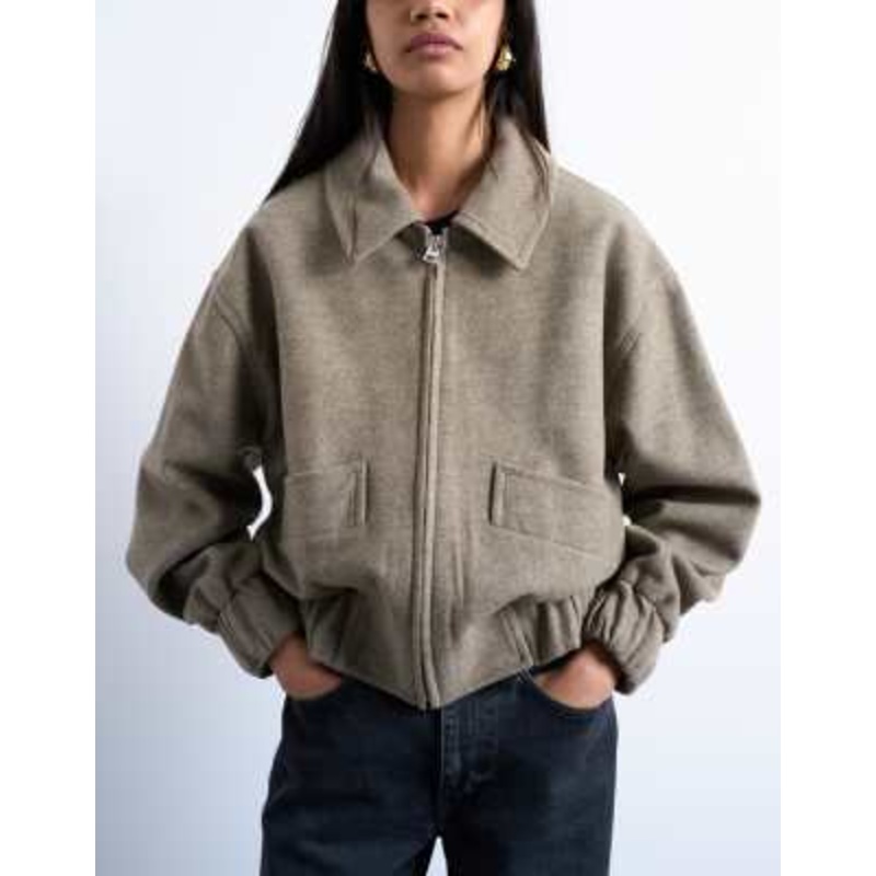 Topshop clean cropped quilted lined bomber jacket with wool in taupe
