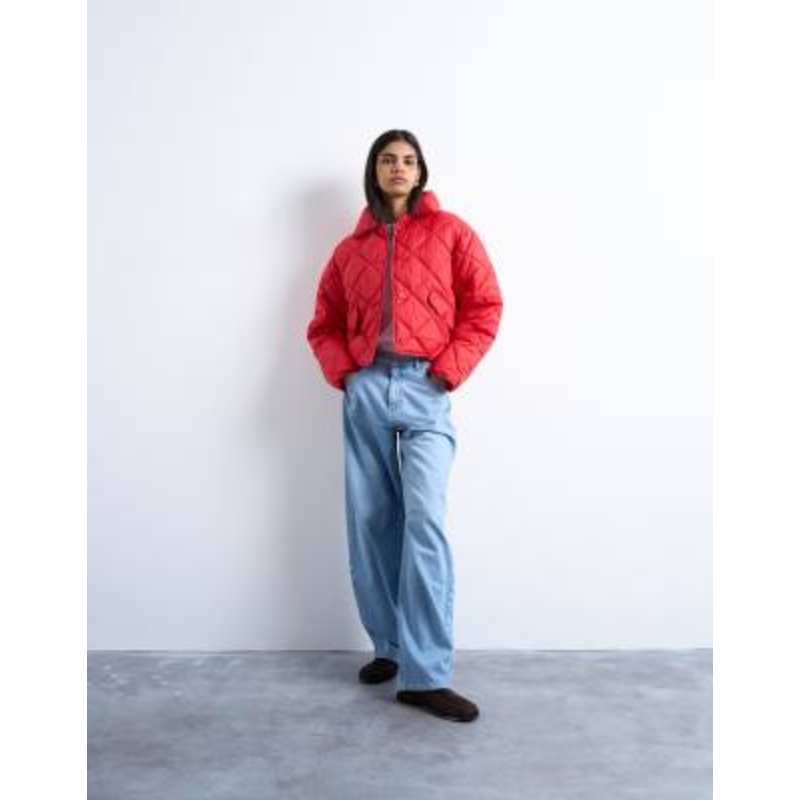 Topshop cropped quilted liner jacket in red