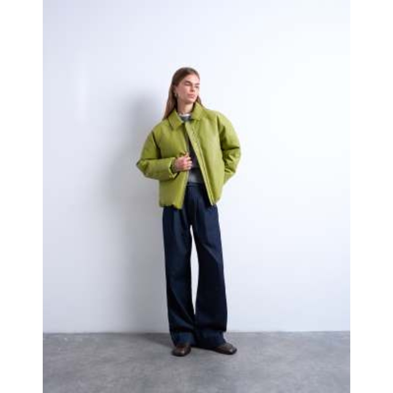 Topshop faux leather padded puffer jacket in sage