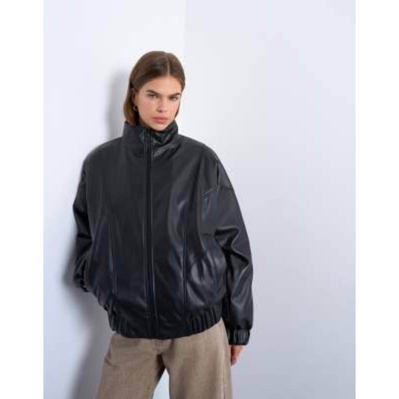 Topshop faux leather padded seam detail bomber jacket in black