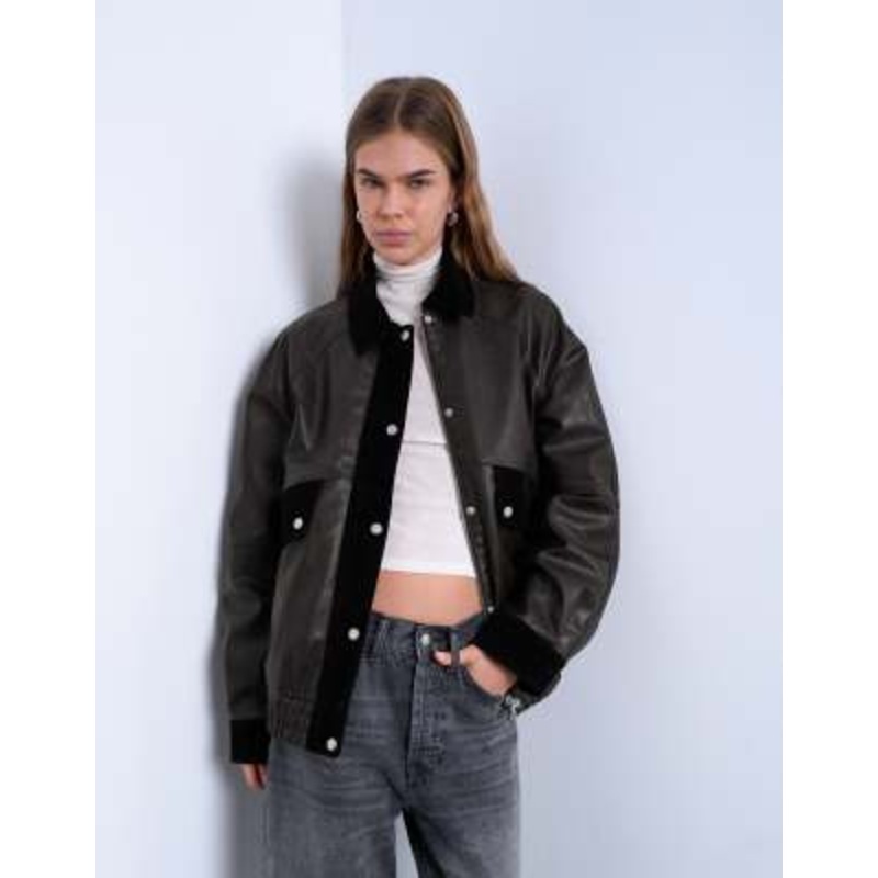 Topshop faux leather patch pockets jacket with faux suede contrast in brown