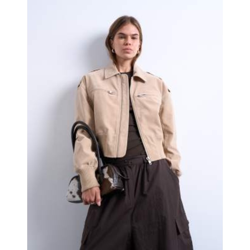 Topshop faux suede ovoid sleeve bomber jacket in stone