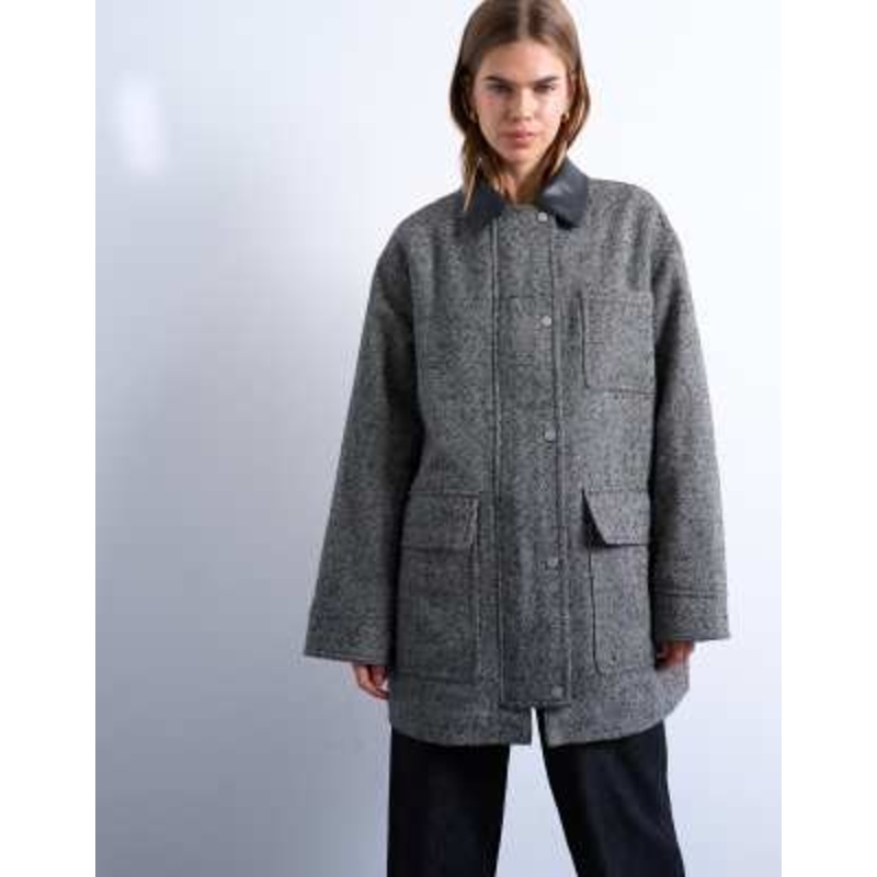 Topshop heritage twill field jacket with contrast faux leather collar in black