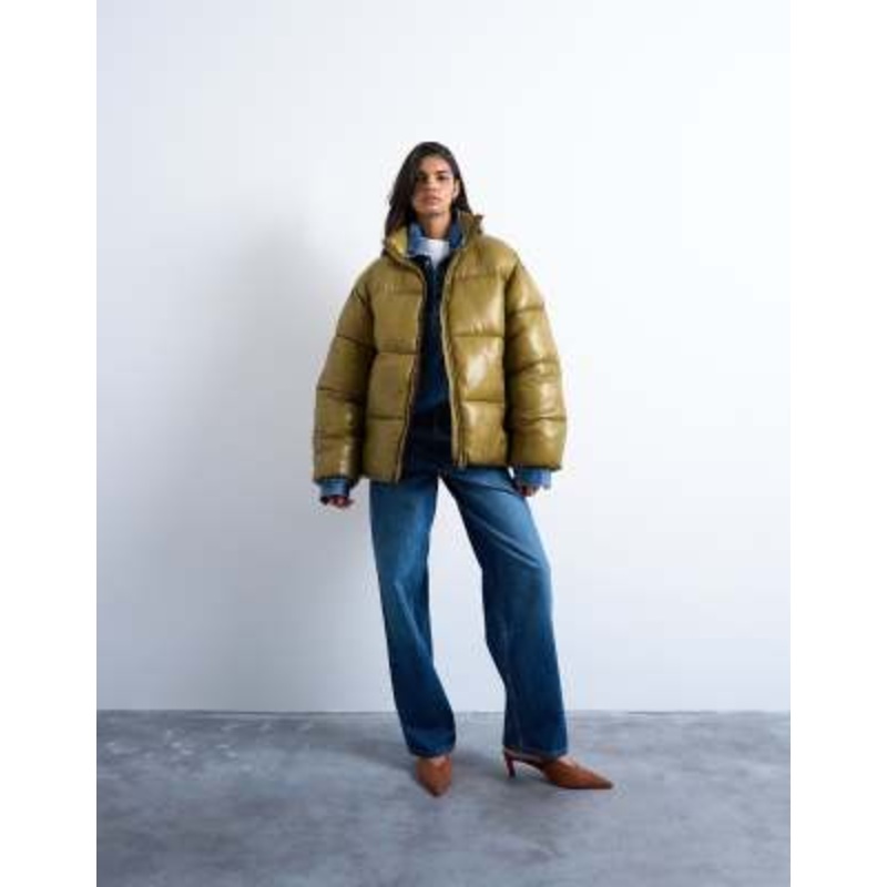 Topshop high shine mid length puffer jacket in khaki