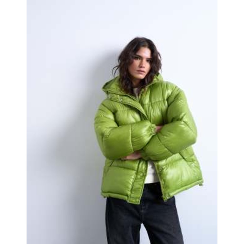 Topshop high shine ripstop puffer jacket in bright green