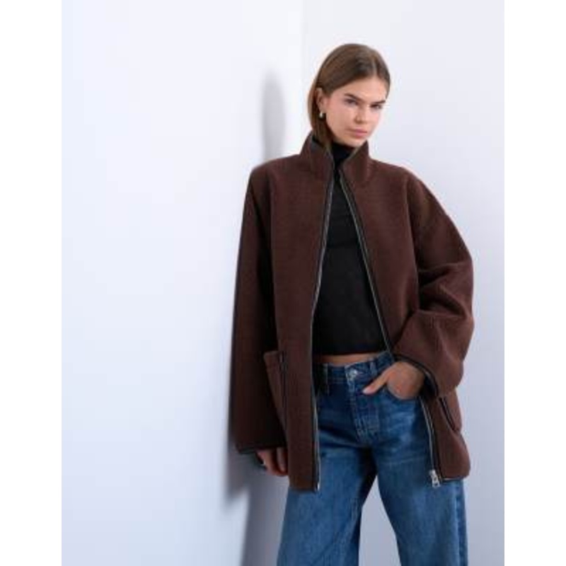Topshop longline high neck throw on faux shearling jacket in chocolate