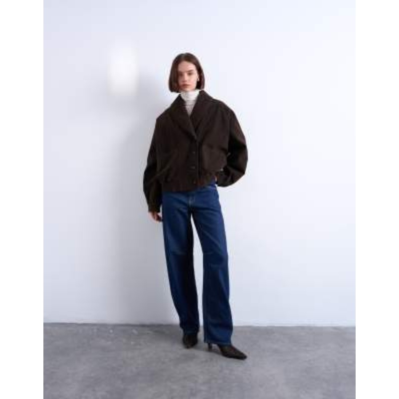 Topshop oversized faux suede shawl collar bomber jacket in chocolate