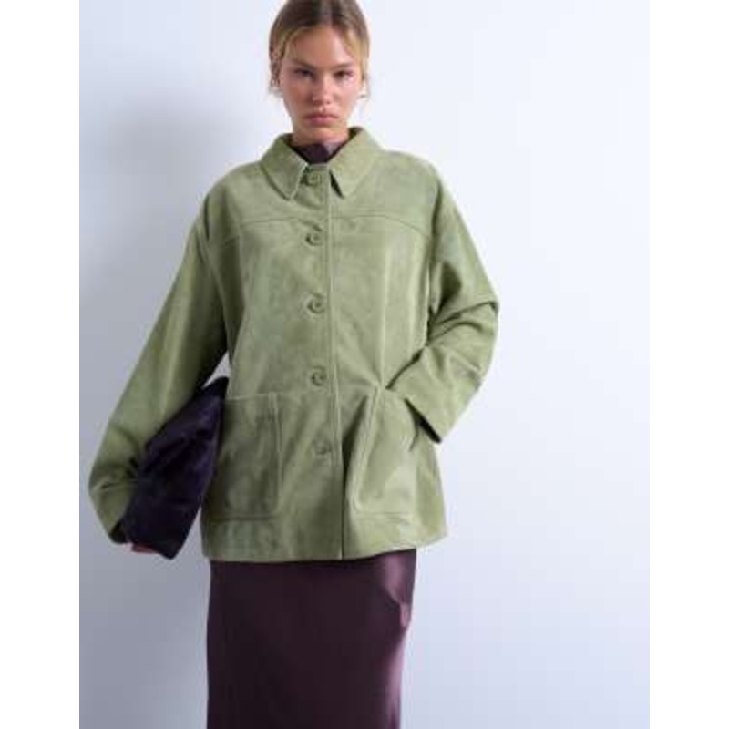 Topshop premium real suede patch pocket boxy jacket in green