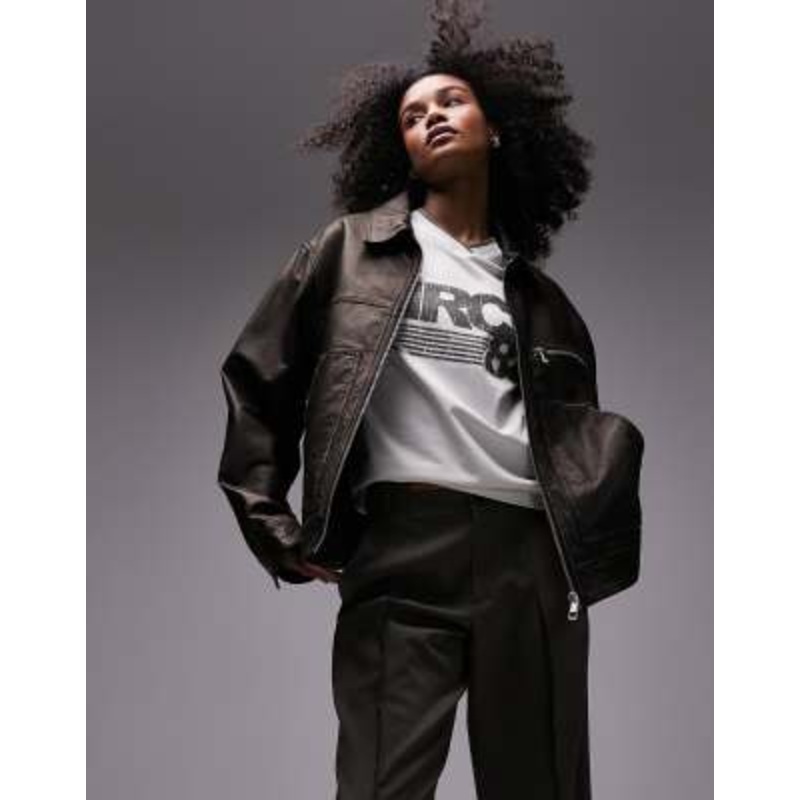 Topshop premium washed real leather jacket in brown