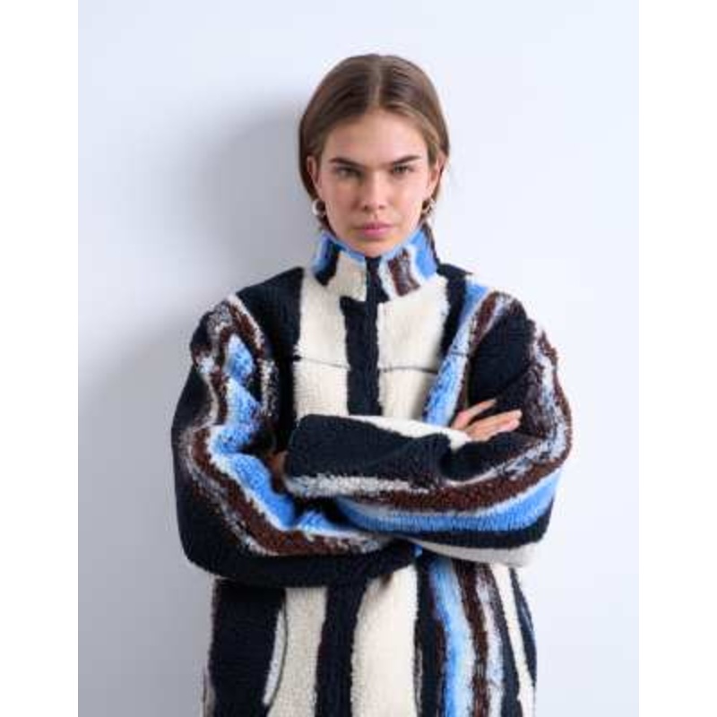 Topshop teddy fleece jacket in white multi stripes