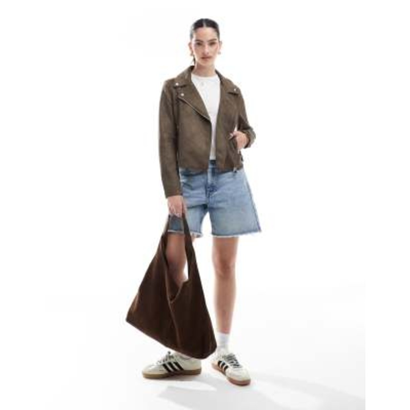 Vero Moda faux leather biker jacket with washed effect in chocolate